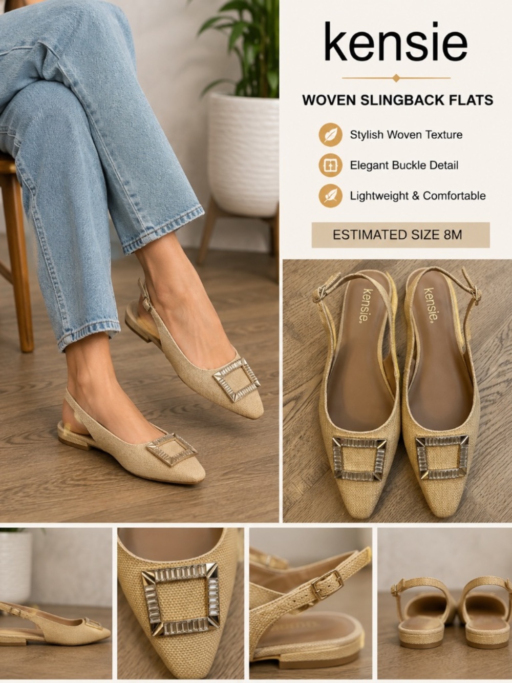 Kensie Woven Slingback Flats Rhinestone Buckle Neutral Tan Estimated Size 8M